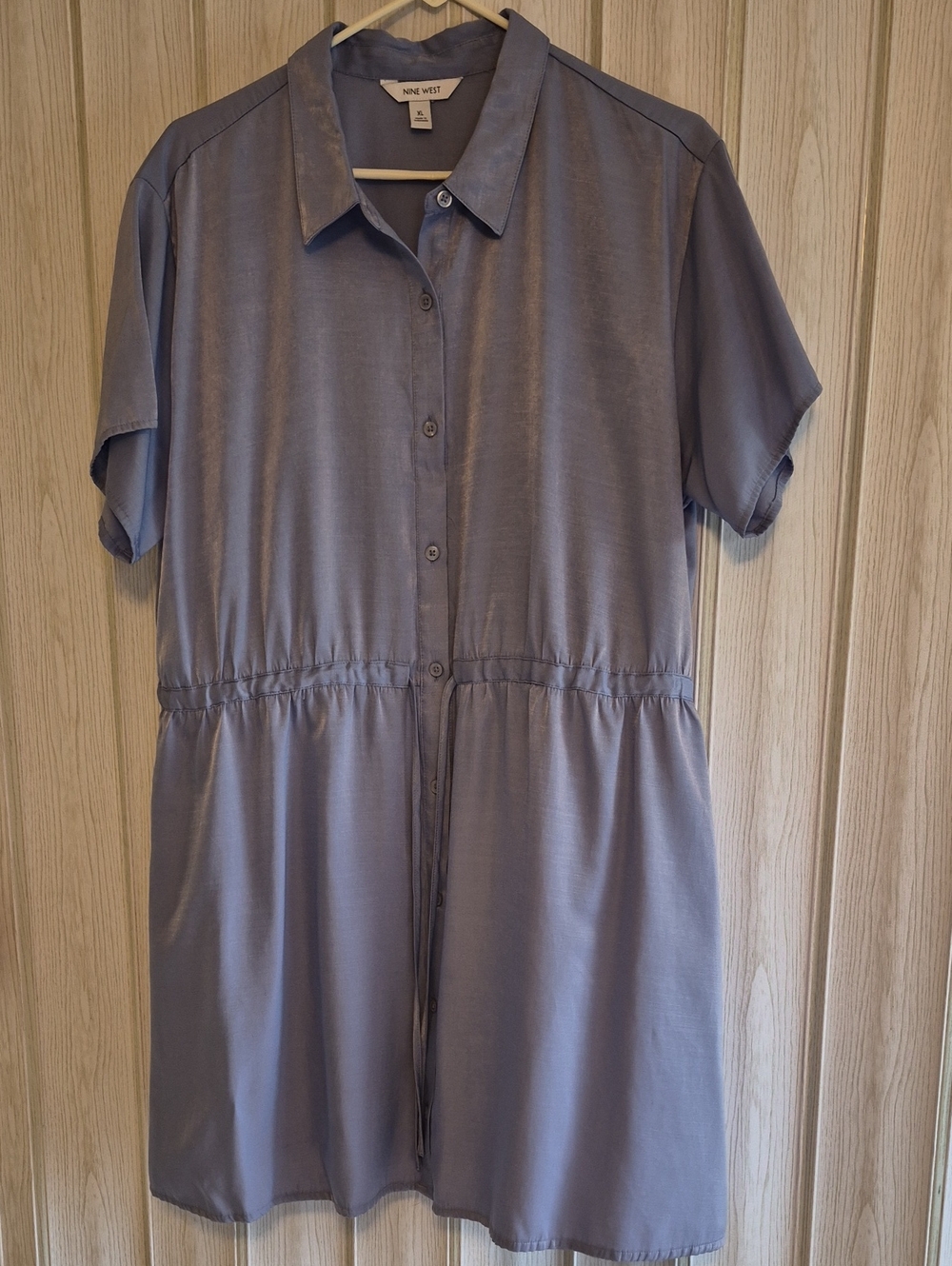 Nine West Slate Blue Button-Front Short-Sleeve Drawstring Dress